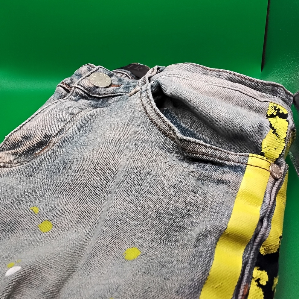 THRT Distressed Blue Jeans Side Yellow Neon Strips